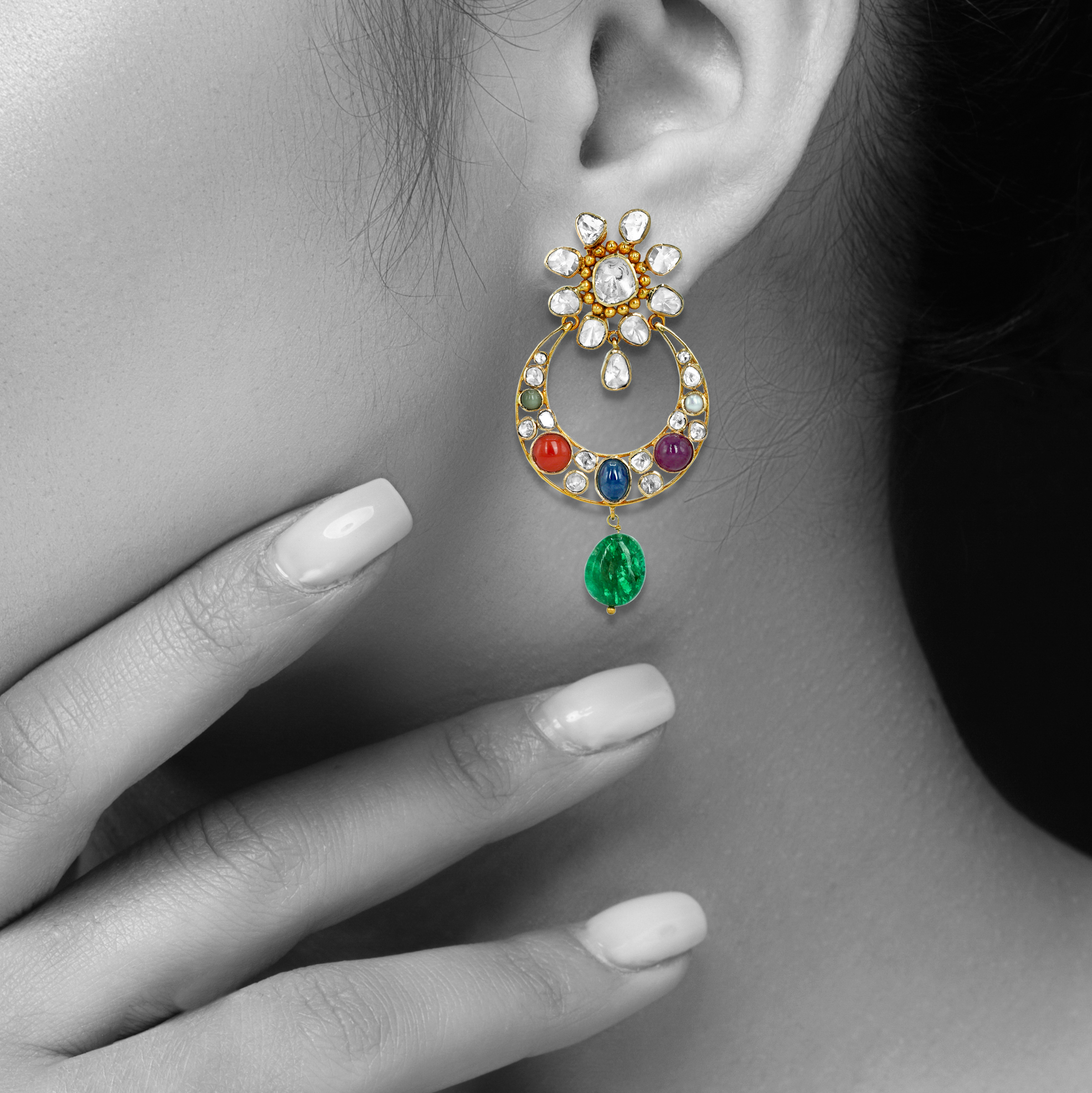 Navaratan Chandbali Earrings with Polkis and Emerald Drops